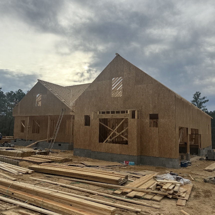 Framing phase of home construction project