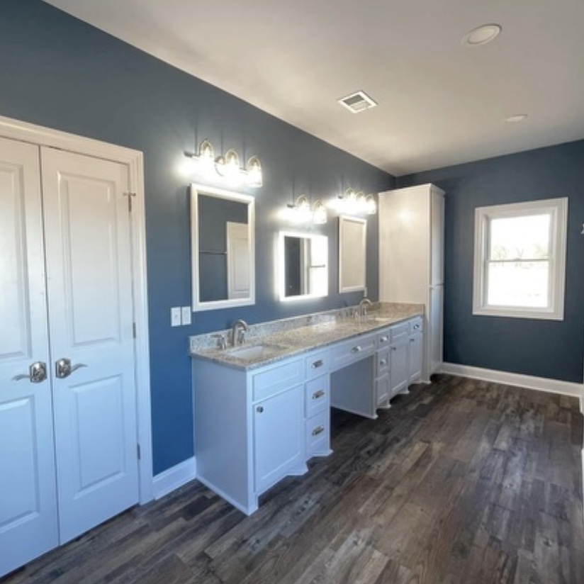 Double-sink vanity with blue walls and wood flooring